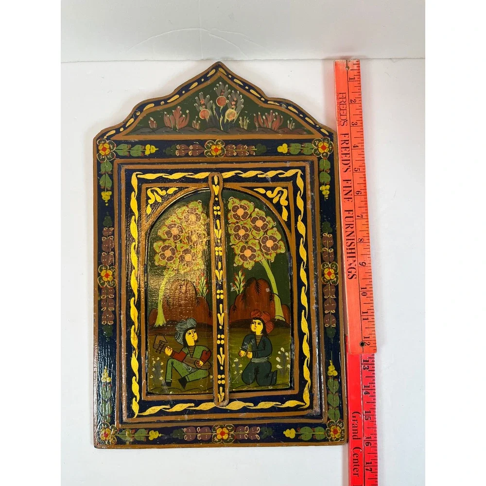 Vintage Hand Painted Wood Jharokha Mirror Folk Art Shutters Navy Blue Gold